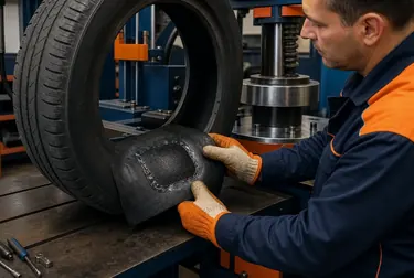 Profissional aplicando vulcanização em um pneu.