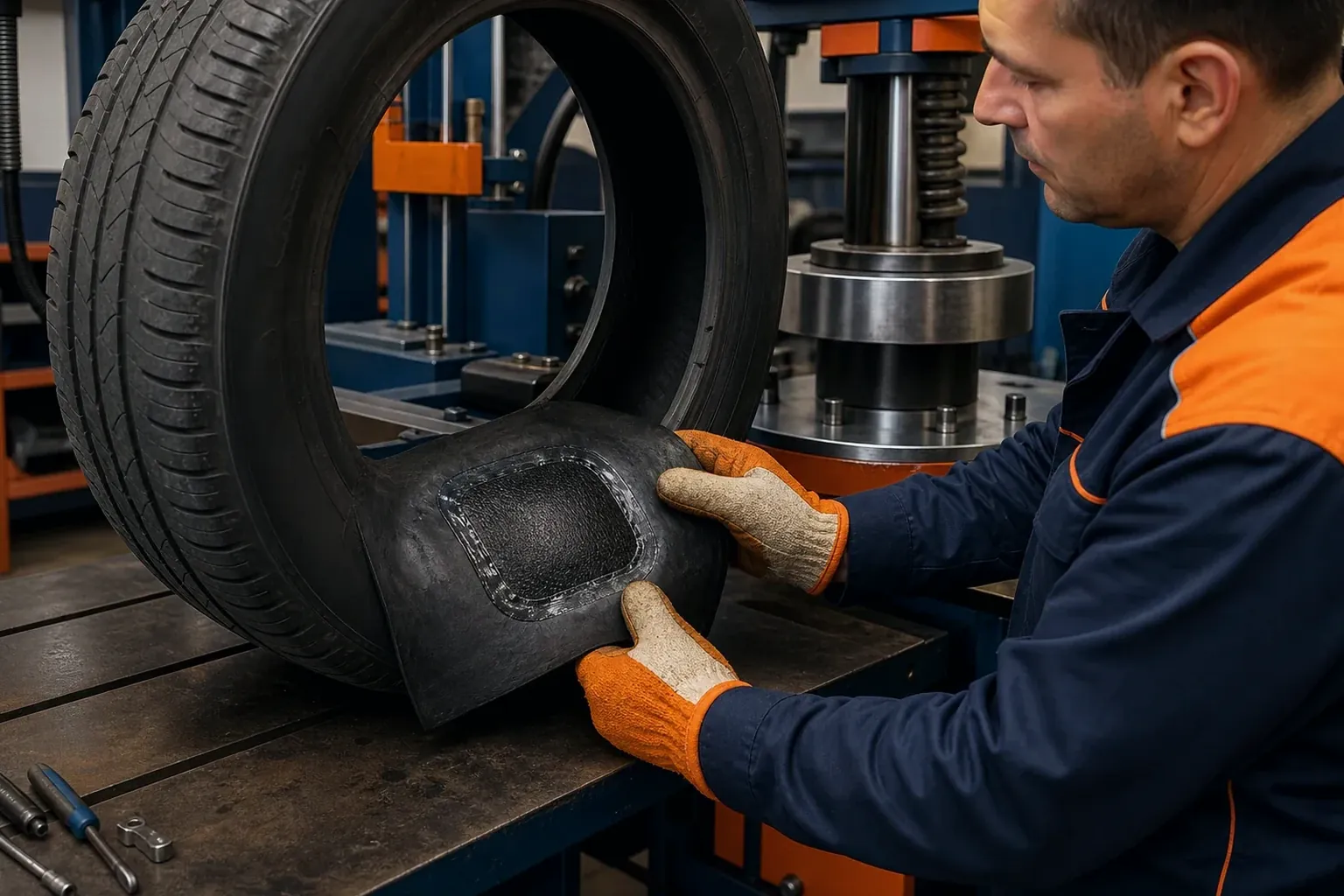 Profissional aplicando vulcanização em um pneu.