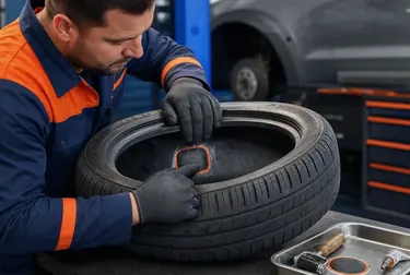 Profissional consertando um pneu em ambiente de borracharia.