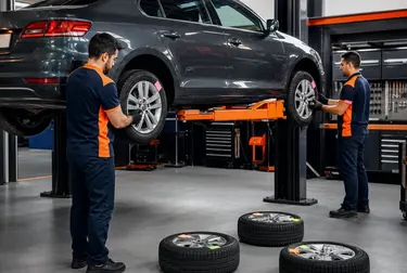 Profissional fazendo o rodízio de pneus de um carro.