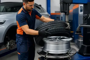 Profissional trocando pneus de um carro em serviço de borracharia.